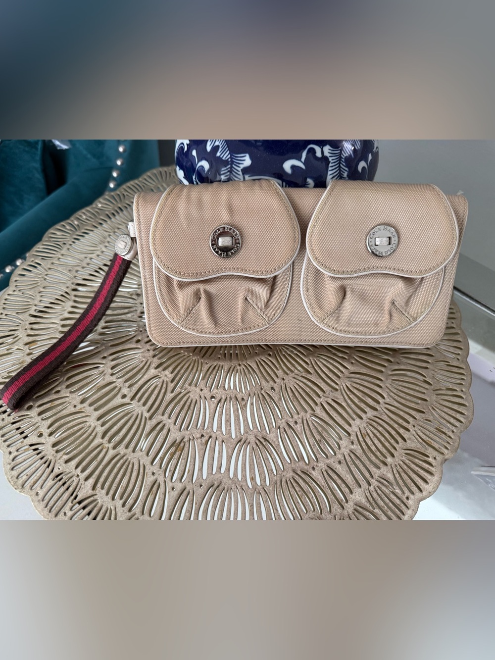Cole Haan Beige Dual-Pocket Wristlet Clutch with Stripe Strap